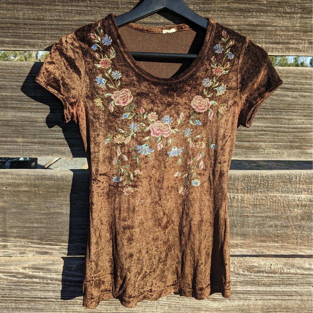 Vintage Brown Velvet Floral Top XS Whimsigoth Boho Fairy Hippie Short Sleeve